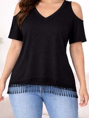 Daniel Rainn Black Cold-Shoulder V-Neck Top Fringe Hem and Crochet Back SZ L